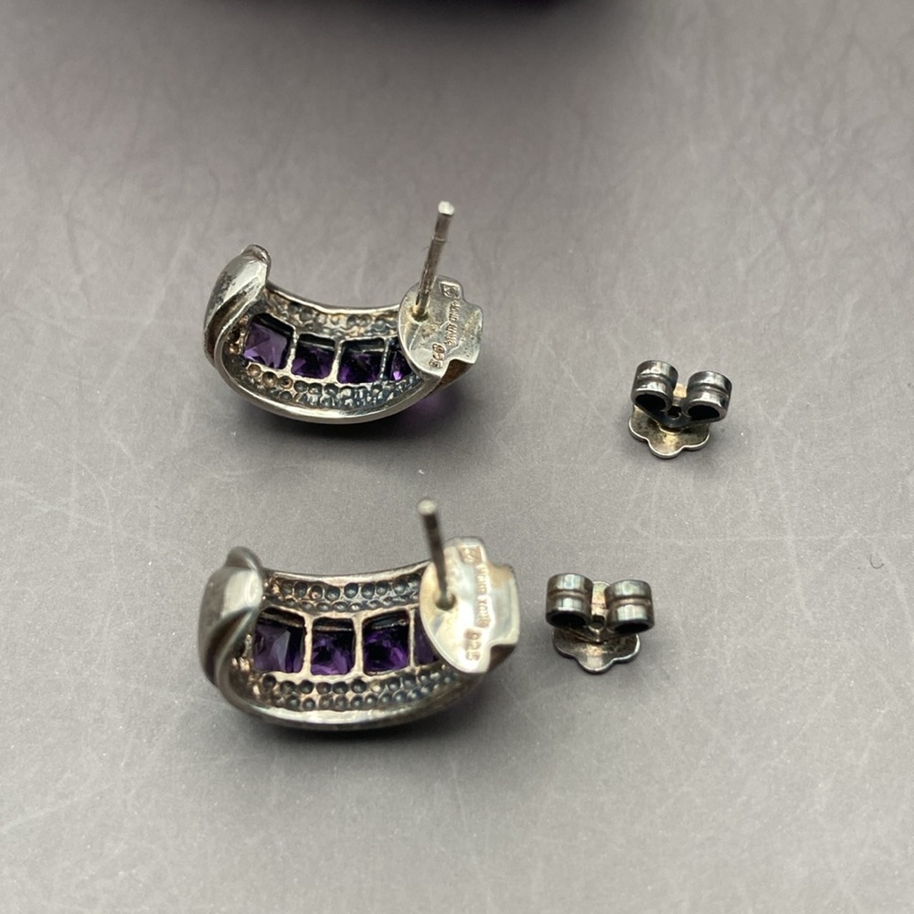 Sterling Silver 925 Channel Set Purple Amethyst Open Hoop Earrings Pierced - Picture 7 of 13